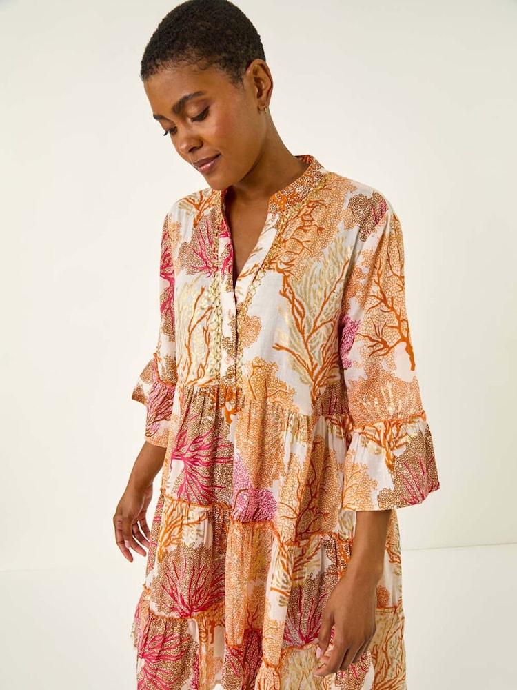 Roman Orange Embroidered Cotton Printed Frill Smock Dress - Image 1 of 5