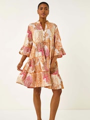 Roman Orange Embroidered Cotton Printed Frill Smock Dress - Image 2 of 5