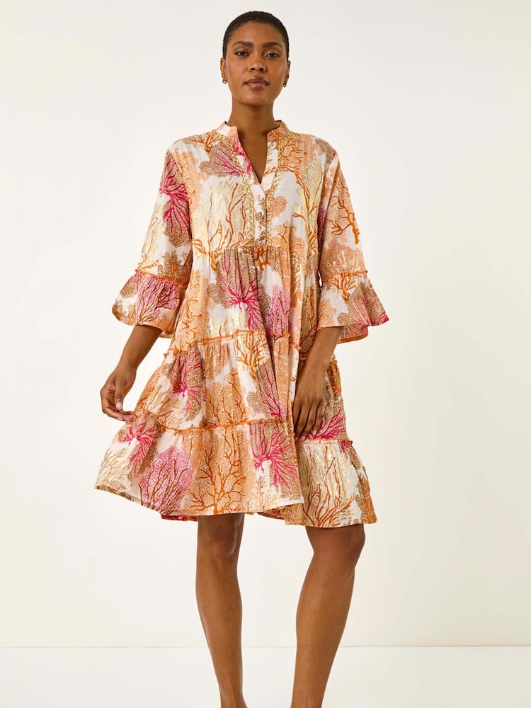 Roman Orange Embroidered Cotton Printed Frill Smock Dress - Image 2 of 5