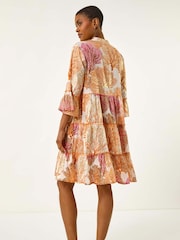 Roman Orange Embroidered Cotton Printed Frill Smock Dress - Image 3 of 5