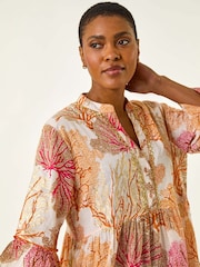 Roman Orange Embroidered Cotton Printed Frill Smock Dress - Image 4 of 5