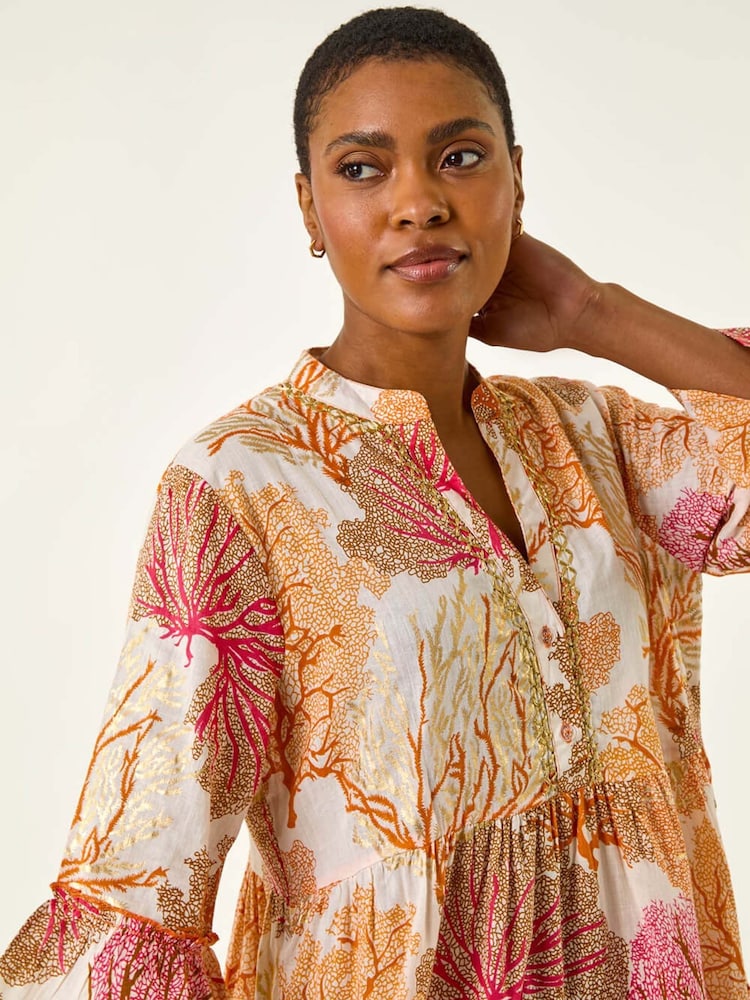 Roman Orange Embroidered Cotton Printed Frill Smock Dress - Image 4 of 5