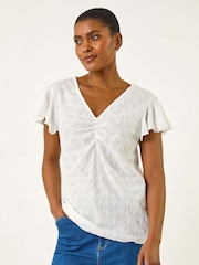 Roman White Ruched Frill Textured Blouse - Image 1 of 5