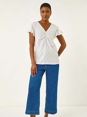 Roman White Ruched Frill Textured Blouse - Image 2 of 5