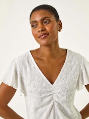 Roman White Ruched Frill Textured Blouse - Image 4 of 5
