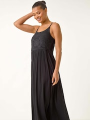 Roman Black Lace Bodice Shirred Midi Dress - Image 1 of 5
