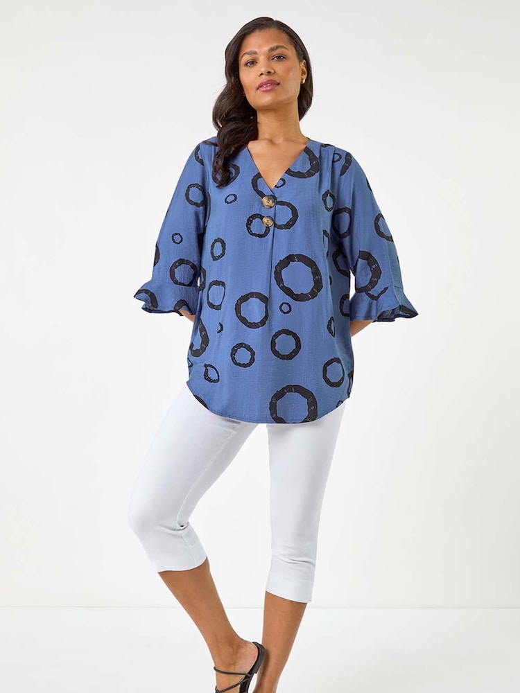 Roman Blue Circle Print V-Neck Button Tunic Top - Image 1 of 5 Roman Blue Circle Print V-Neck Button Tunic Top - Image 1 of 5