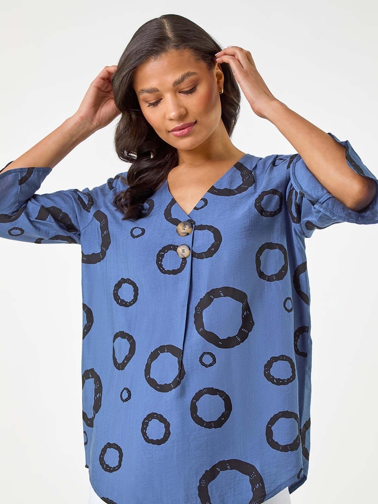 Roman Blue Circle Print V-Neck Button Tunic Top - Image 2 of 5 Roman Blue Circle Print V-Neck Button Tunic Top - Image 2 of 5