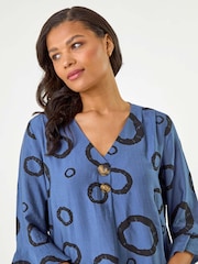 Roman Blue Circle Print V-Neck Button Tunic Top - Image 4 of 5