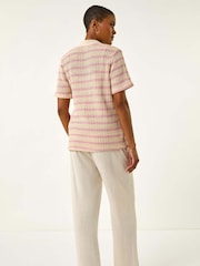 Roman Pink Stripe Crochet Collar Knit Blouse - Image 3 of 5