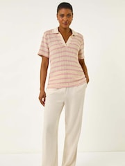 Roman Pink Stripe Crochet Collar Knit Blouse - Image 4 of 5