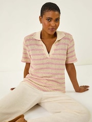 Roman Pink Stripe Crochet Collar Knit Blouse - Image 5 of 5