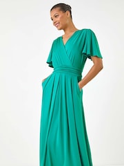 Roman Green Tie Back V-Neck Stretch Midi Dress - Image 1 of 5