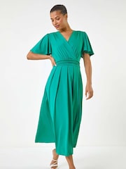 Roman Green Tie Back V-Neck Stretch Midi Dress - Image 2 of 5