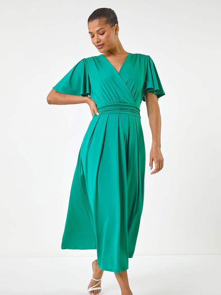 Roman Green Tie Back V-Neck Stretch Midi Dress - Image 2 of 5
