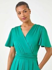 Roman Green Tie Back V-Neck Stretch Midi Dress - Image 4 of 5