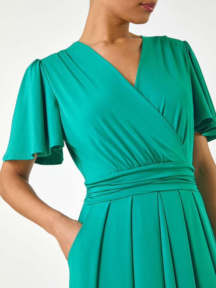 Roman Green Tie Back V-Neck Stretch Midi Dress - Image 5 of 5
