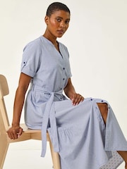 Roman Blue Stripe Tie Waist Midi Dress - Image 1 of 5