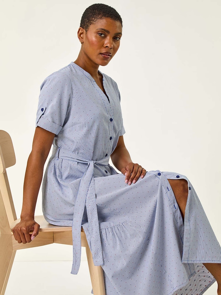 Roman Blue Stripe Tie Waist Midi Dress - Image 1 of 5