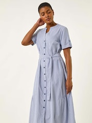 Roman Blue Stripe Tie Waist Midi Dress - Image 4 of 5