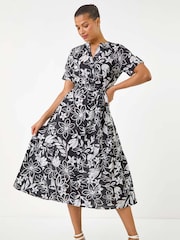 Roman Black Floral Print Tie Waist Midi Dress - Image 1 of 5