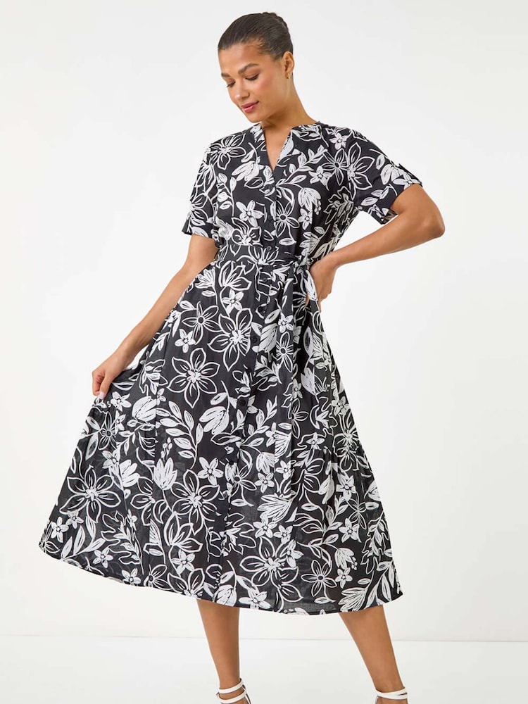 Roman Black Floral Print Tie Waist Midi Dress - Image 1 of 5
