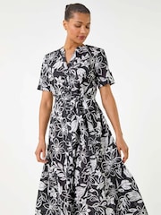 Roman Black Floral Print Tie Waist Midi Dress - Image 2 of 5