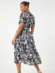 Roman Black Floral Print Tie Waist Midi Dress - Image 3 of 5