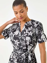 Roman Black Floral Print Tie Waist Midi Dress - Image 4 of 5