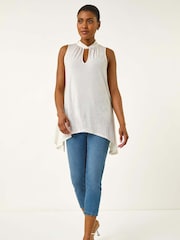Roman White Foil Rose Twist Neck Blouse - Image 1 of 5