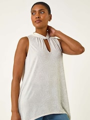 Roman White Foil Rose Twist Neck Blouse - Image 2 of 5