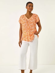 Roman Orange Floral Print V-Neck Blouse - Image 2 of 5