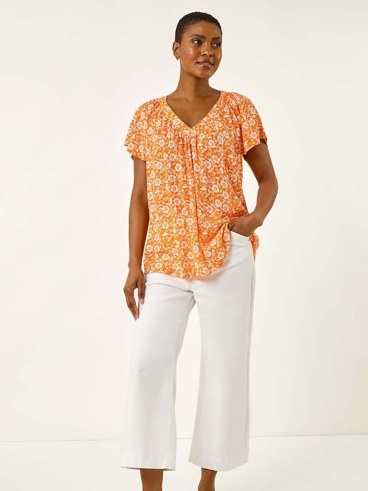 Roman Orange Floral Print V-Neck Blouse - Image 2 of 5