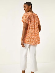 Roman Orange Floral Print V-Neck Blouse - Image 3 of 5