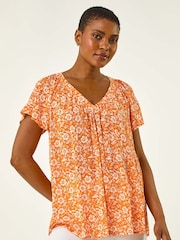 Roman Orange Floral Print V-Neck Blouse - Image 4 of 5