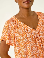Roman Orange Floral Print V-Neck Blouse - Image 5 of 5