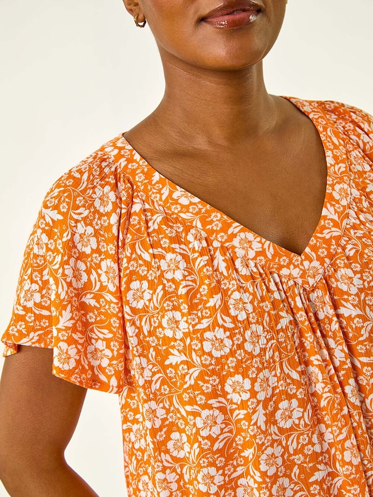 Roman Orange Floral Print V-Neck Blouse - Image 5 of 5