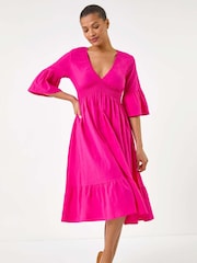 Roman Pink Linen Look Shirred Midi Dress - Image 2 of 5