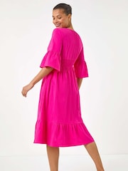 Roman Pink Linen Look Shirred Midi Dress - Image 3 of 5