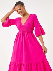 Roman Pink Linen Look Shirred Midi Dress - Image 4 of 5