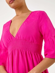 Roman Pink Linen Look Shirred Midi Dress - Image 5 of 5