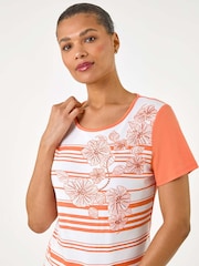 Roman Orange Stripe Floral Print Hotfix T-Shirt - Image 1 of 5