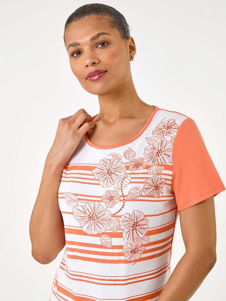 Roman Orange Stripe Floral Print Hotfix T-Shirt - Image 1 of 5