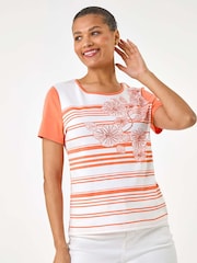 Roman Orange Stripe Floral Print Hotfix T-Shirt - Image 4 of 5