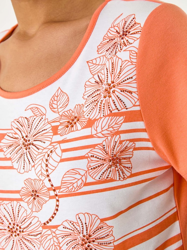 Roman Orange Stripe Floral Print Hotfix T-Shirt - Image 5 of 5