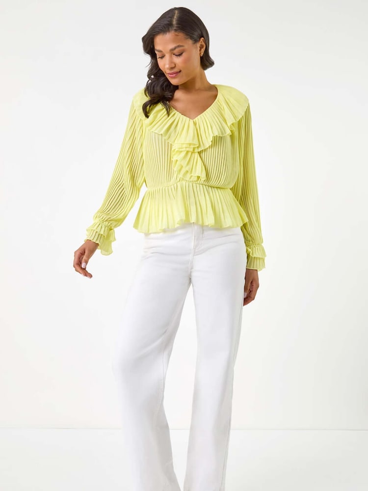 Yellow - Roman Frill Pleated Peplum Blouse - Image 2 of 5