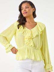 Yellow - Roman Frill Pleated Peplum Blouse - Image 4 of 5