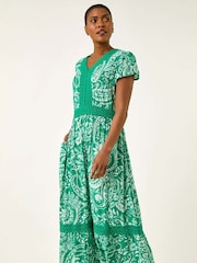 Roman Green Paisley Print Lace Trim Midi Dress - Image 1 of 5