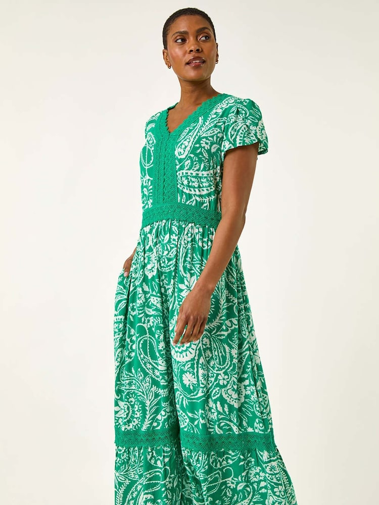 Roman Green Paisley Print Lace Trim Midi Dress - Image 1 of 5