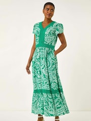 Roman Green Paisley Print Lace Trim Midi Dress - Image 2 of 5